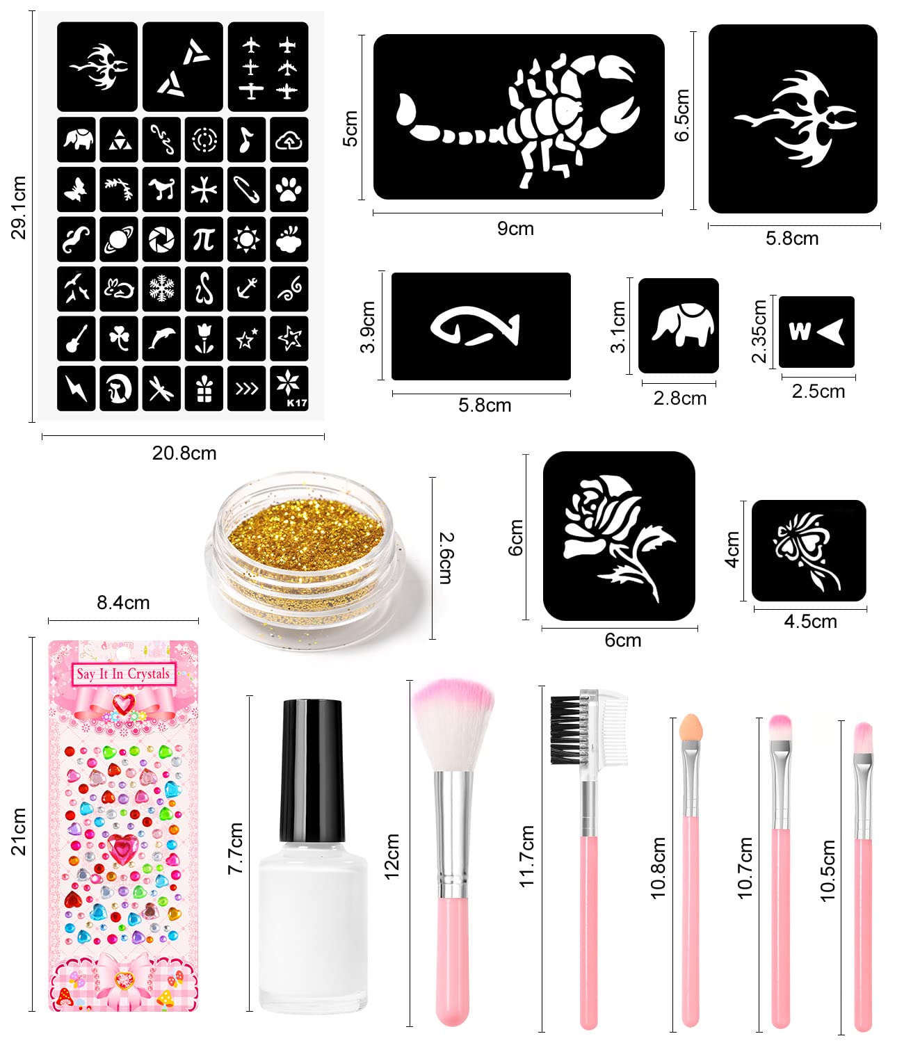 Temporary Glitter Tattoo Kit for Kids makeup,30 Body Glitter,3 Glitter Glue,5 Sheets Tattoos Stencil,5 Pcs Makeup Brush,6 Fluorescent Powder,Rhinestone Stickers,Holiday,Party,Nail Art