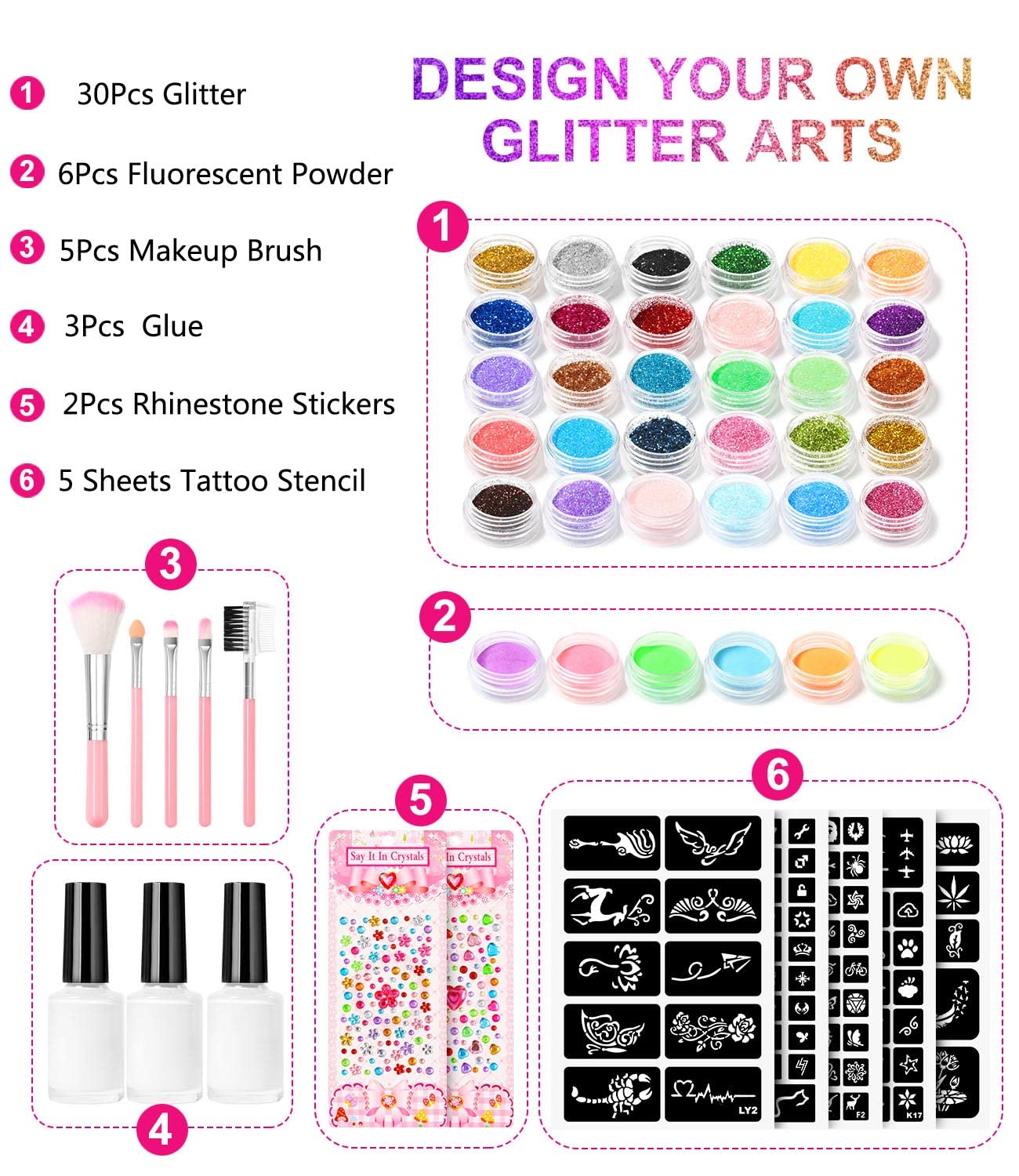 Temporary Glitter Tattoo Kit for Kids makeup,30 Body Glitter,3 Glitter Glue,5 Sheets Tattoos Stencil,5 Pcs Makeup Brush,6 Fluorescent Powder,Rhinestone Stickers,Holiday,Party,Nail Art