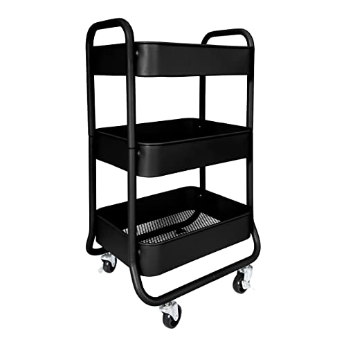 HOMESTEAD 3-Tier Rolling Cart - Heavy Duty Metal Rolling Cart, Lockable Casters, Multifunctional Storage Shelves - Great for Kitchen, Office, Bathroom, Laundry Room (Black)