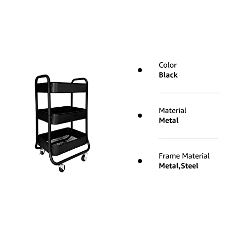 HOMESTEAD 3-Tier Rolling Cart - Heavy Duty Metal Rolling Cart, Lockable Casters, Multifunctional Storage Shelves - Great for Kitchen, Office, Bathroom, Laundry Room (Black)