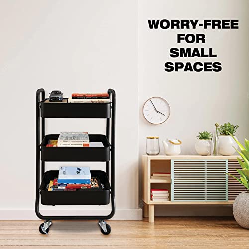 HOMESTEAD 3-Tier Rolling Cart - Heavy Duty Metal Rolling Cart, Lockable Casters, Multifunctional Storage Shelves - Great for Kitchen, Office, Bathroom, Laundry Room (Black)