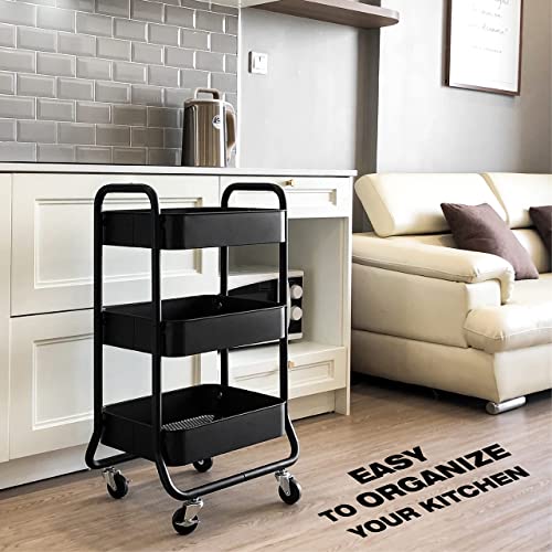 HOMESTEAD 3-Tier Rolling Cart - Heavy Duty Metal Rolling Cart, Lockable Casters, Multifunctional Storage Shelves - Great for Kitchen, Office, Bathroom, Laundry Room (Black)