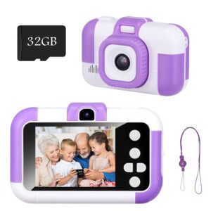 kids camera christmas birthday gifts - girls age 3-10, upgrade kids selfie camera hd digital video cameras for toddler, portable toy for 3 4 5 6 7 8 9 10 year old girls boys with 32gb sd card purple