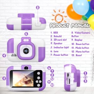 Kids Camera Christmas Birthday Gifts - Girls Age 3-10, Upgrade Kids Selfie Camera HD Digital Video Cameras for Toddler, Portable Toy for 3 4 5 6 7 8 9 10 Year Old Girls Boys with 32GB SD Card Purple