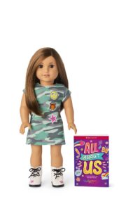 american girl truly me 18-inch doll #107 with brown eyes, brown hair, light-to-medium skin, camo t-shirt dress, for ages 6+