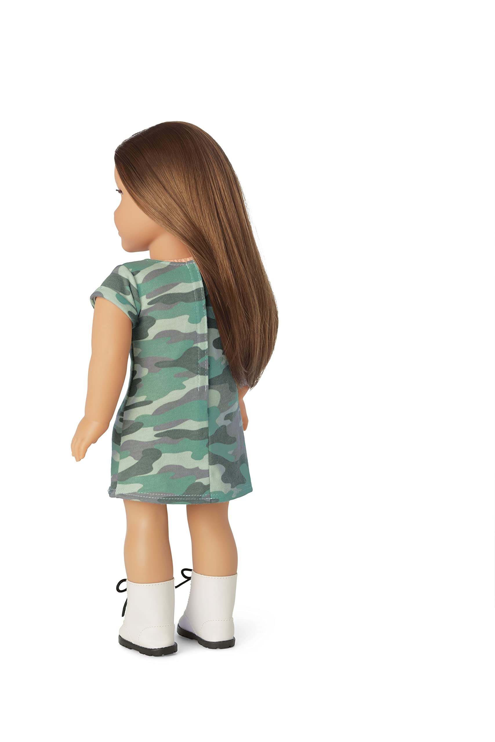 American Girl Truly Me 18-inch Doll #107 with Brown Eyes, Brown Hair, Light-to-Medium Skin, Camo T-shirt Dress, For Ages 6+