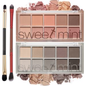 topcent sweet mint 10 colors eyeshadow palette, 2pcs smooth matte eyeshadow makeup palette, high pigmented, blendable long lasting neutral eye palette with professional eyeshadow brush (04and05)