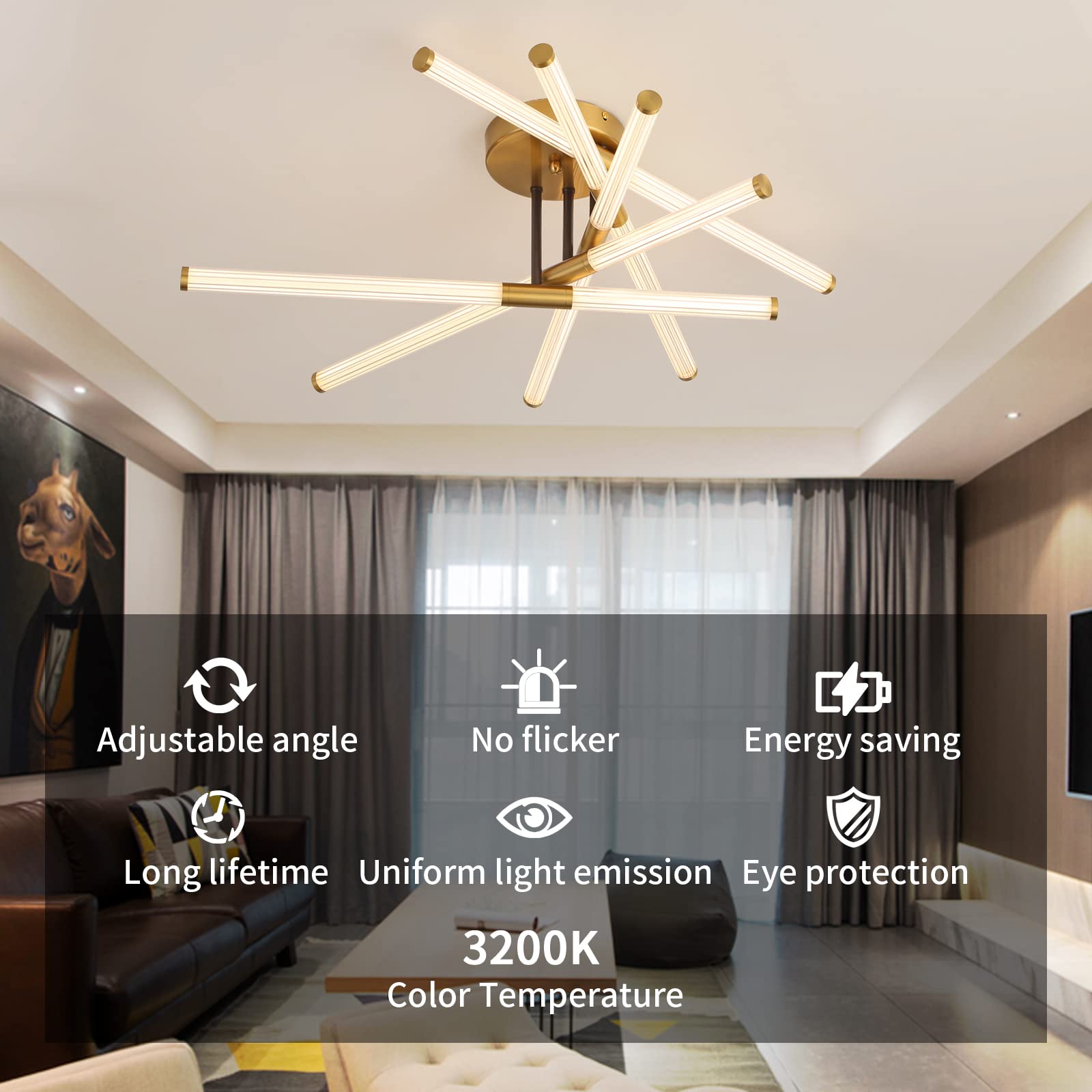 Myhaptim Modern LED Flush Mount Ceiling Light 10-Light LED Close to Ceiling Light Rotatable Gold Light Fixture for Kitchen Bedroom Dining Room,3200K,Not Dimmable