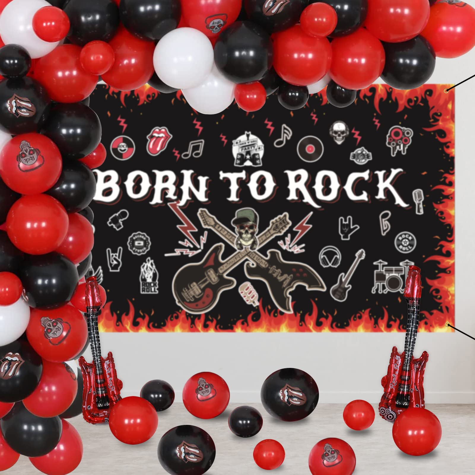 Crenics Rock and Roll Party Decorations - Large Born to Rock Backdrop Banner, Balloons Arch Kit and Guitar Foil Balloons for Rock Star Music Theme Birthday Party Supplies