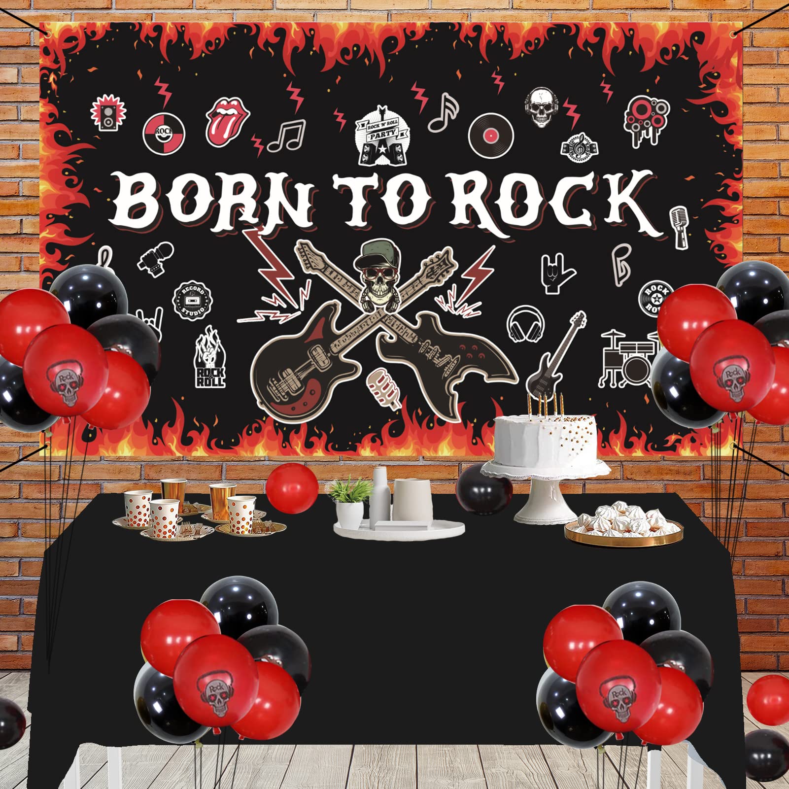 Crenics Rock and Roll Party Decorations - Large Born to Rock Backdrop Banner, Balloons Arch Kit and Guitar Foil Balloons for Rock Star Music Theme Birthday Party Supplies