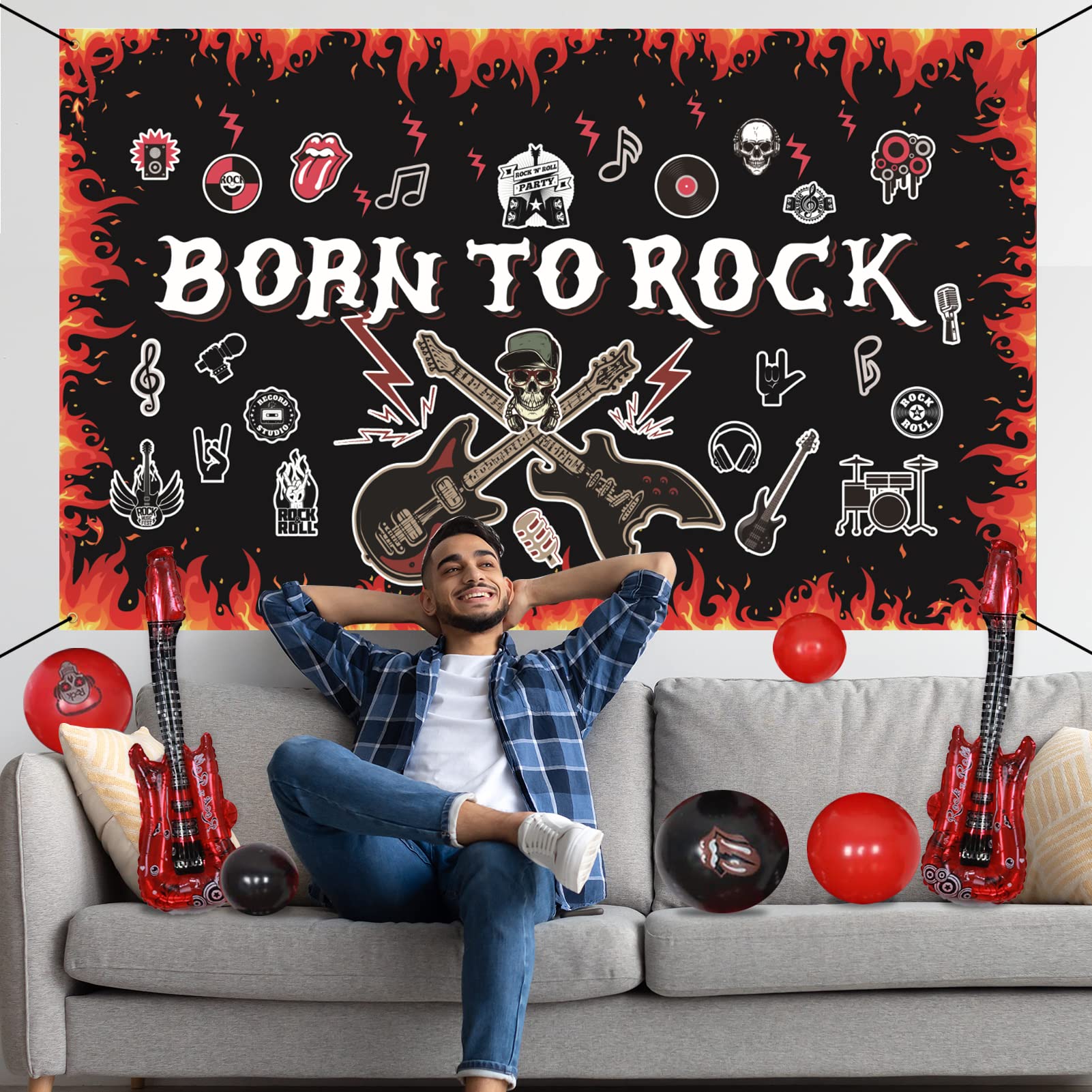 Crenics Rock and Roll Party Decorations - Large Born to Rock Backdrop Banner, Balloons Arch Kit and Guitar Foil Balloons for Rock Star Music Theme Birthday Party Supplies