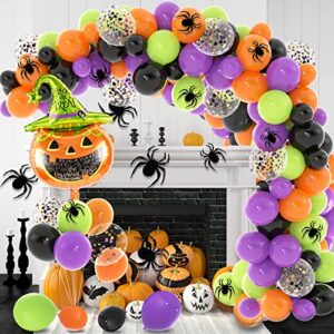 labeol 136pcs halloween balloons garland kit, halloween party decorations orange black purple green confetti balloons arch kit with pumpkin balloon and spider brithday decorations supplies