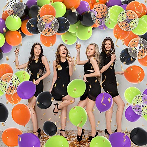 Labeol 136PCS Halloween Balloons Garland Kit, Halloween Party Decorations Orange Black Purple Green Confetti Balloons Arch Kit with Pumpkin Balloon and Spider Brithday Decorations Supplies