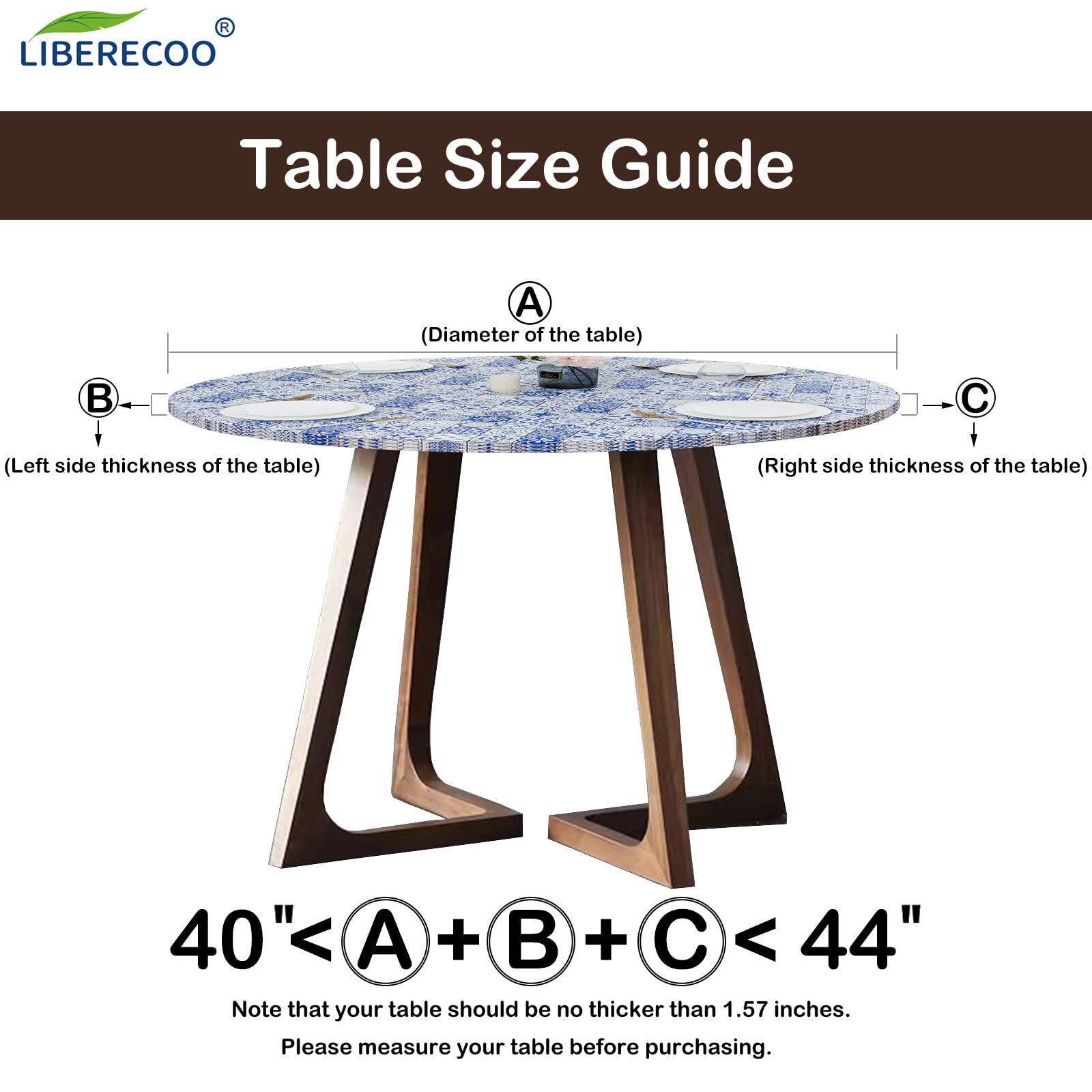 LIBERECOO Round Vinyl Fitted Tablecloth with Flannel Backing Elastic Edge Plastic Table Cover Waterproof Table Cloth Stain-Resistant Wipeable for 40"-44" Round Table