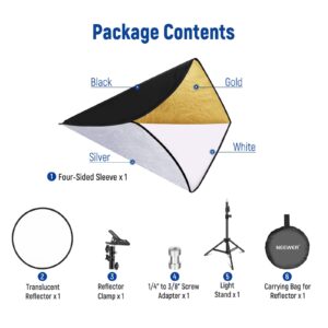 NEEWER 43"/110cm Light Reflector Kit, 5 in 1 Collapsible Round Reflector (Translucent/Silver/Gold/White/Black), Metal Clamp and 21"-43”/53-110cm Short Stand for Low Angle Children Studio Photography