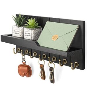 rebee vision decorative key and mail holder for wall - farmhouse 15 inches floating shelf with 7 sturdy key hooks for home entryway wall decor - rustic key racks (black)