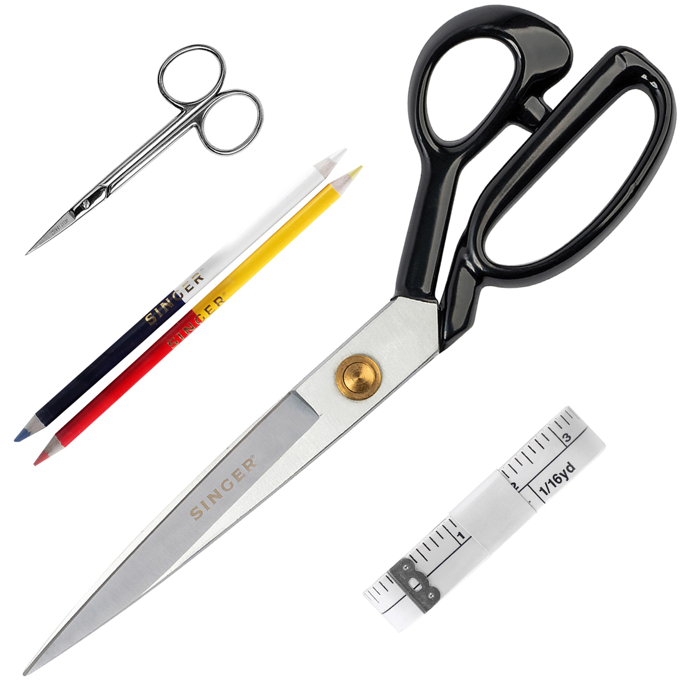 SINGER ProSeries 12 Inch Sewing Scissors Heavy Duty Chrome Plated Forged Stainless Steel Industrial Tailor Shears, 4 Inch Embroidery Scissors, 144 Inch Tape Measure, and Fabric Marking Pencils