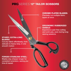 SINGER ProSeries 12 Inch Sewing Scissors Heavy Duty Chrome Plated Forged Stainless Steel Industrial Tailor Shears, 4 Inch Embroidery Scissors, 144 Inch Tape Measure, and Fabric Marking Pencils