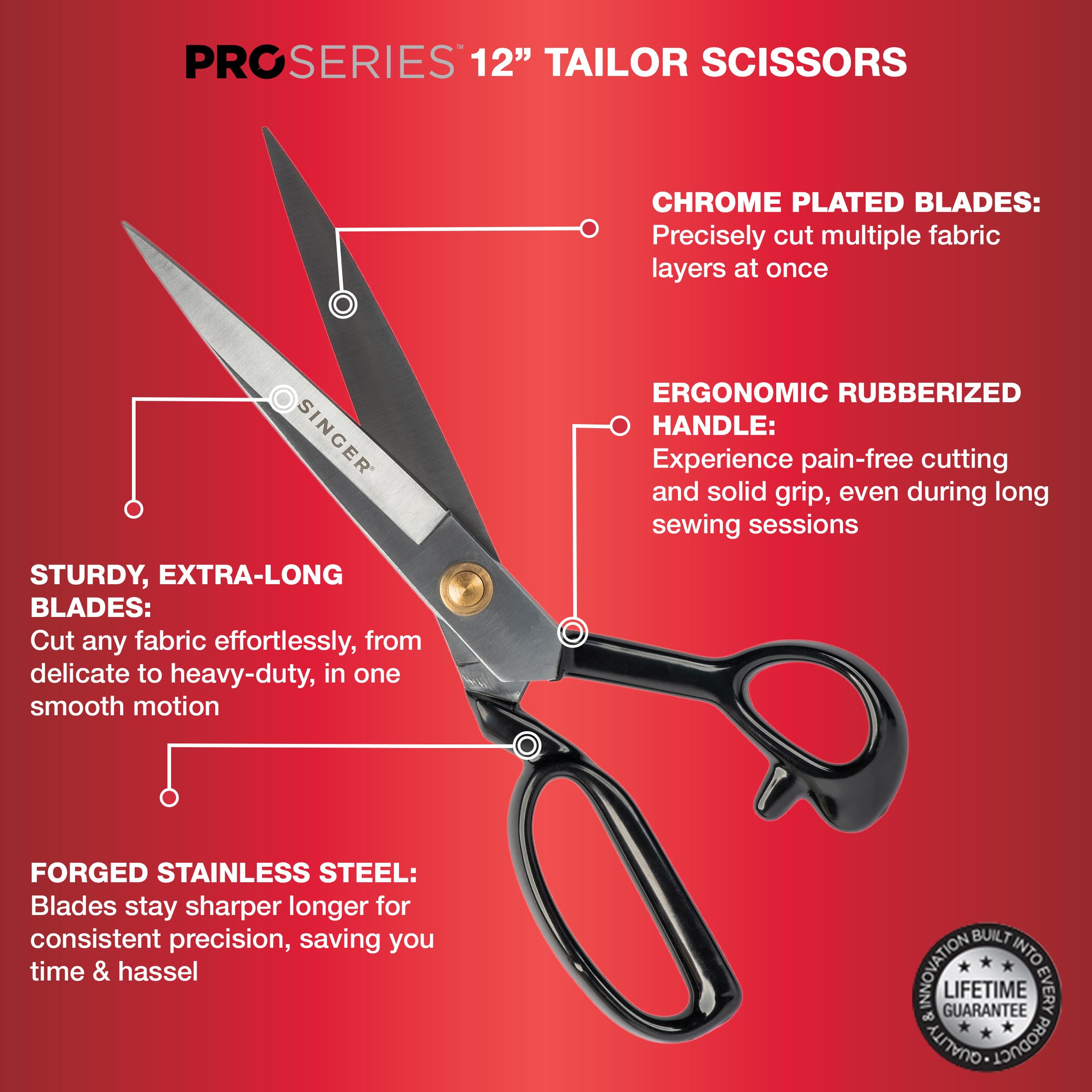 SINGER ProSeries 12 Inch Sewing Scissors Heavy Duty Chrome Plated Forged Stainless Steel Industrial Tailor Shears, 4 Inch Embroidery Scissors, 144 Inch Tape Measure, and Fabric Marking Pencils