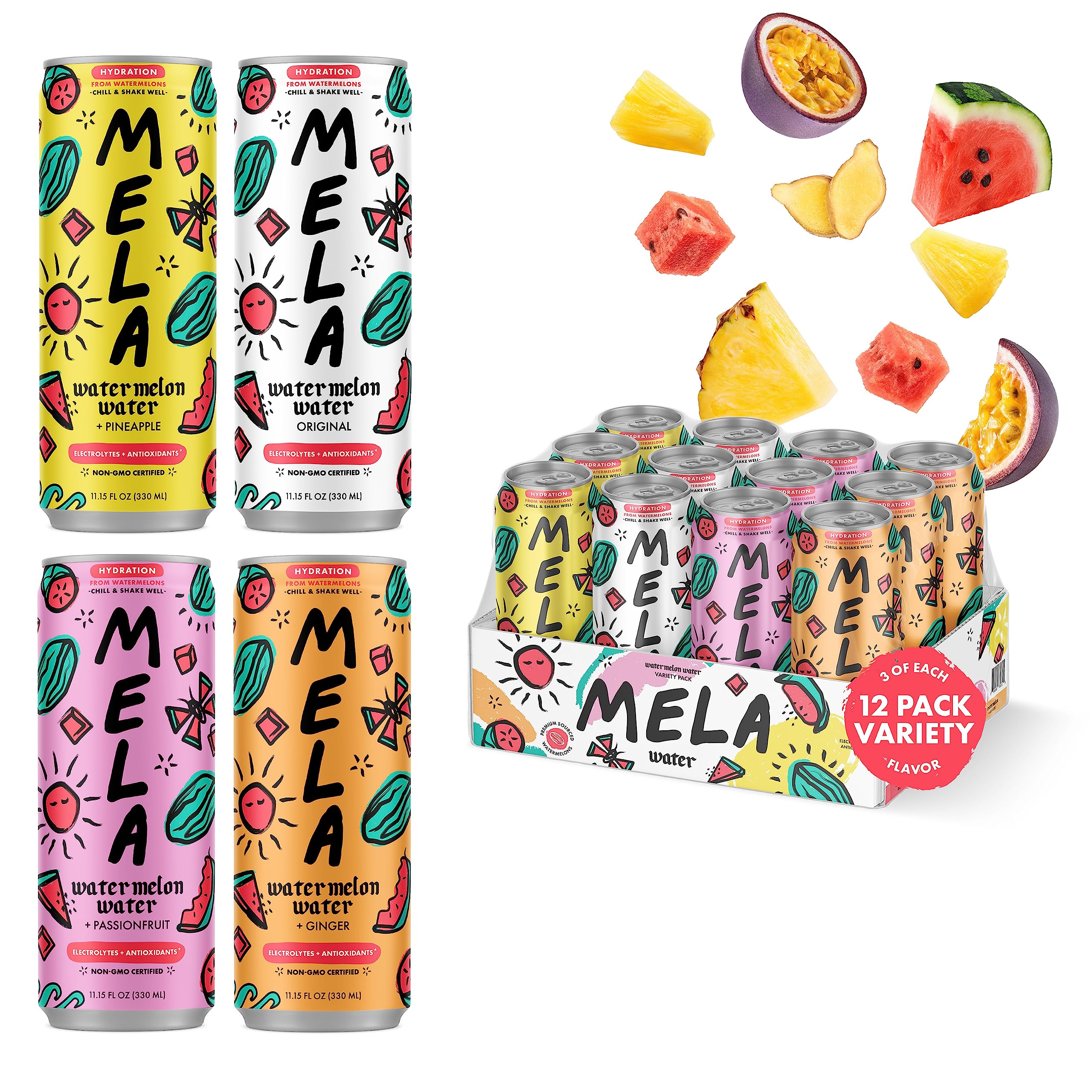 Mela Water Watermelon Juice Drink, Electrolytes & Antioxidants, Refreshing Hydration, Coconut Water Alternative, Vitamin C, Natural (Variety, 11.15 Fl Oz (Pack of 12)