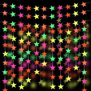 106feet glow in the dark neon star paper garland under blacklight for birthday party supplies and decorations hanging fluorescent green pink streamers for party favors wedding accessories