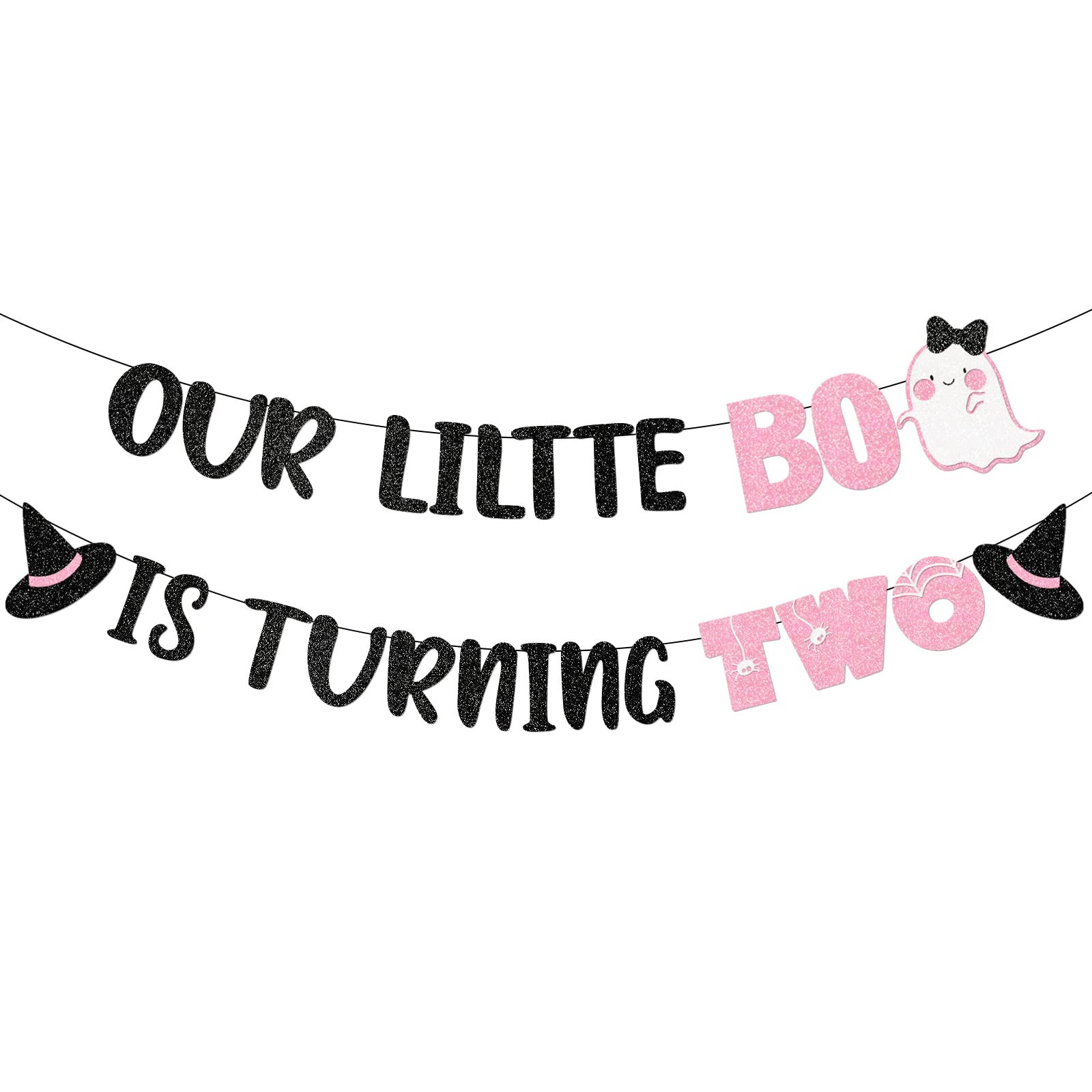 Pink Our Little Boo is Turning Two Banner for Halloween Birthday Party Decorations Halloween Birthday Banner Decorations for Girl Halloween 2nd Birthday Decorations for Girl