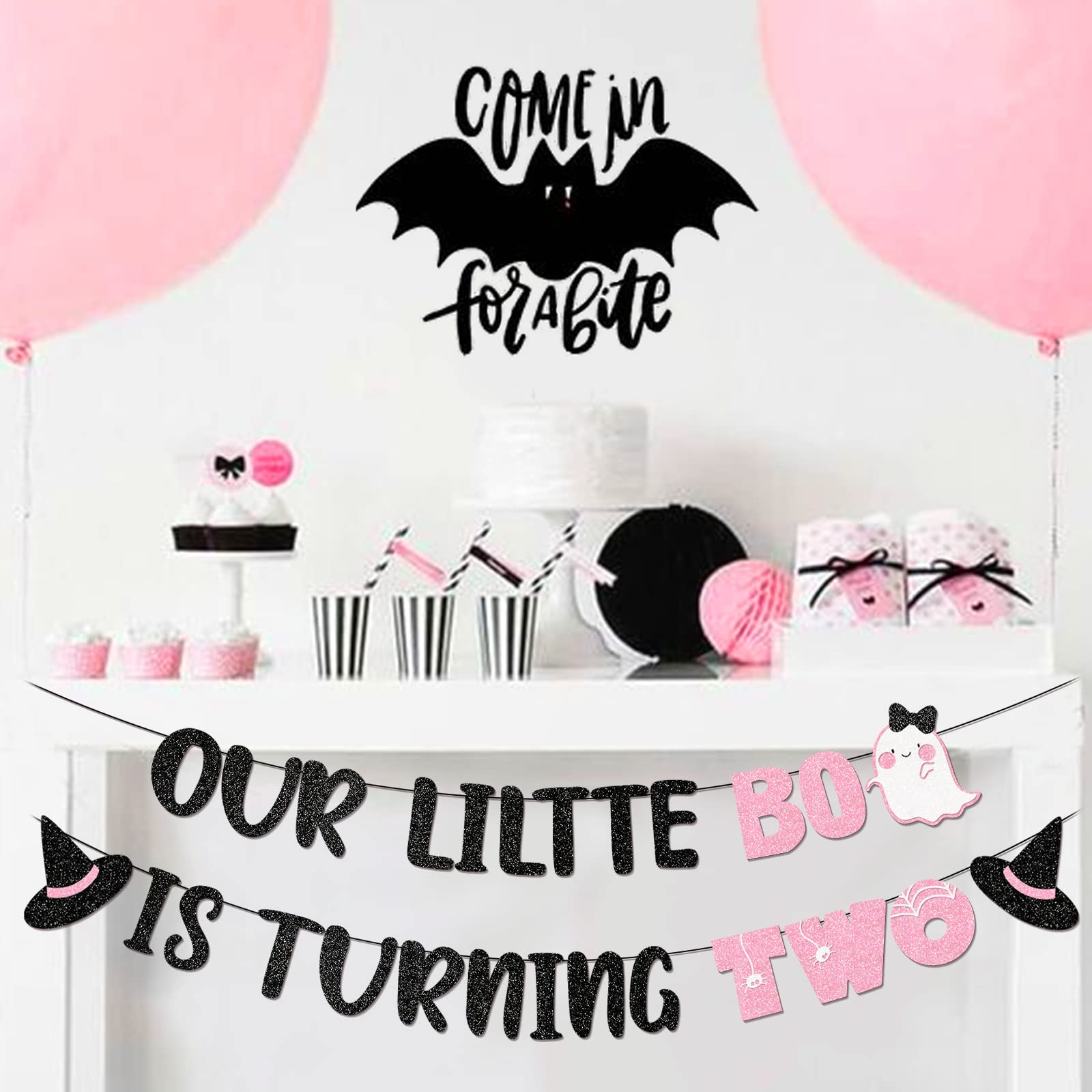 Pink Our Little Boo is Turning Two Banner for Halloween Birthday Party Decorations Halloween Birthday Banner Decorations for Girl Halloween 2nd Birthday Decorations for Girl