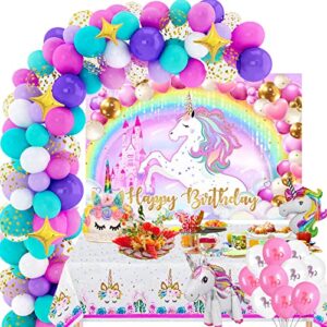 unicorn birthday party decorations girls - 110pcs unicorn party supplies, balloon arch garland kit with unicorn rainbow birthday backdrop, unicorn tablecloth, birthday balloons, confetti balloons