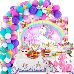 Unicorn Birthday Party Decorations Girls - 110PCS Unicorn Party Supplies, Balloon Arch Garland Kit with Unicorn Rainbow Birthday Backdrop, Unicorn Tablecloth, Birthday Balloons, Confetti Balloons