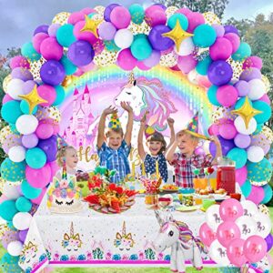 Unicorn Birthday Party Decorations Girls - 110PCS Unicorn Party Supplies, Balloon Arch Garland Kit with Unicorn Rainbow Birthday Backdrop, Unicorn Tablecloth, Birthday Balloons, Confetti Balloons