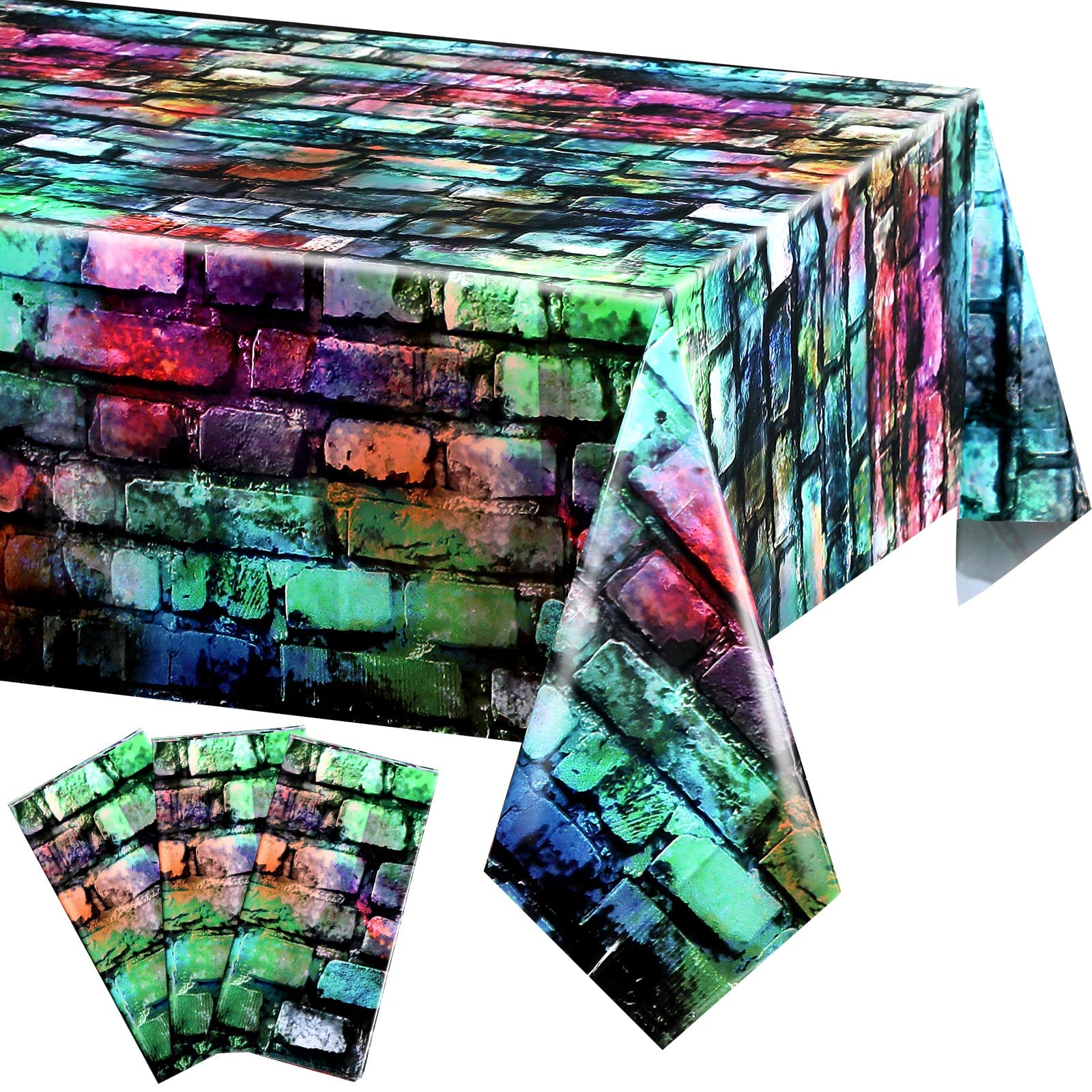 Colorful Brick Tablecloth 54 x 108 Inches Retro Brick Table Cover Graffiti Brick Table Cloth for 80s 90s Hip Hop Disco (3 Pcs)