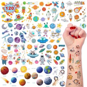 120+ pieces space temporary tattoos for kids, 24 sheets planet birthday party decoration, rocketship universe sun moon tattoos sticker for children boys party favors supplies