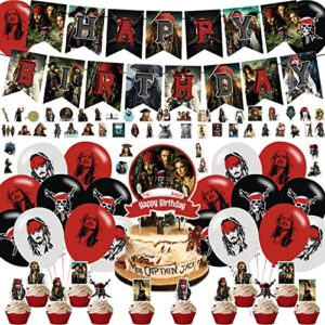 pirates of the caribbean party decorations,birthday party supplies for depp pirate hat party supplies includes banner - 12 cake toppers - 18 balloons - 50 pirates stickers