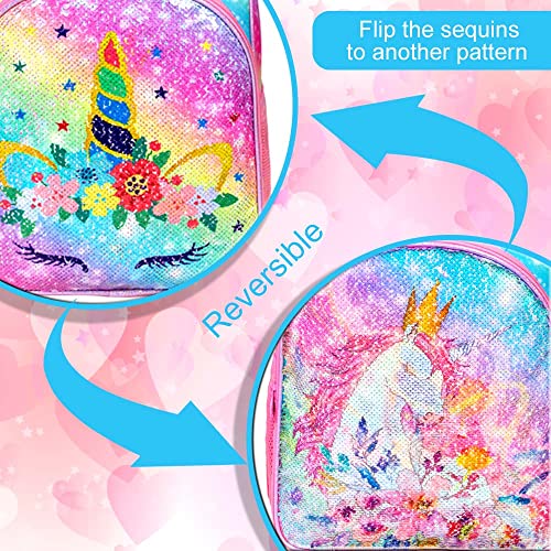 CCJPX 3PCS Unicorn Backpack for Girls, 16” Kids Sequin Bookbag and Lunch Box for Kindergarten Elementary