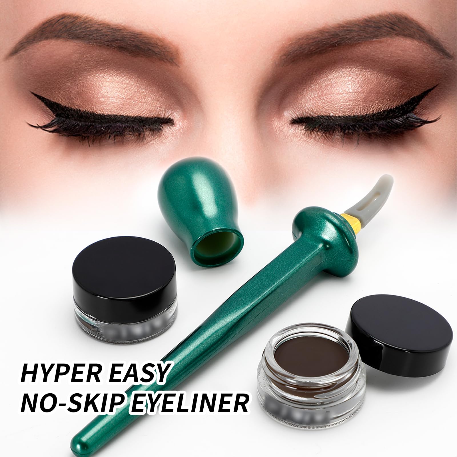 Hintazo 3PCS Eyeliner Applicator Kit Silicone Eyeliner Tool with Eyeliner Cream Reusable Eye Liner Applicator Kit Waterproof Long Lasting Eyeliner（1 Eyeliner Tool + 2 Eyeliner Creams, Black and Brown）