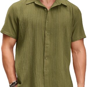 COOFANDY Mens Army Green Linen Button Up Shirts Short Sleeve Summer Button Down Shirt Vacation Collared Shirt (Army Green L)