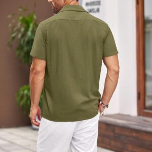 COOFANDY Mens Army Green Linen Button Up Shirts Short Sleeve Summer Button Down Shirt Vacation Collared Shirt (Army Green L)