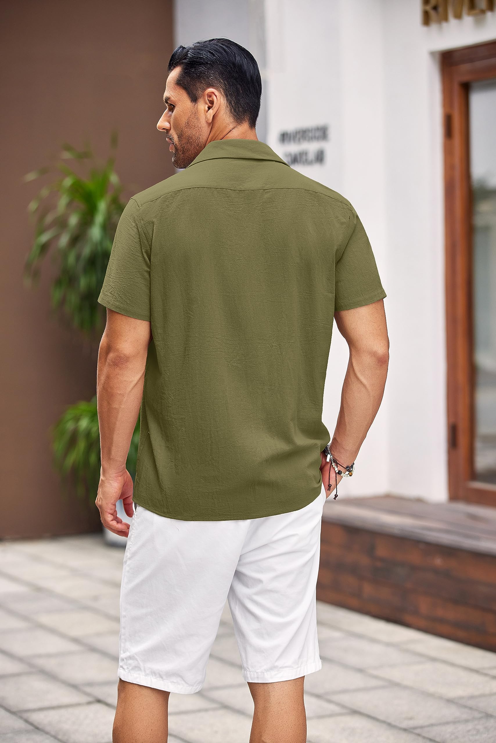 COOFANDY Mens Army Green Linen Button Up Shirts Short Sleeve Summer Button Down Shirt Vacation Collared Shirt (Army Green L)