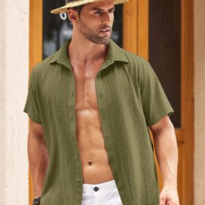 COOFANDY Mens Army Green Linen Button Up Shirts Short Sleeve Summer Button Down Shirt Vacation Collared Shirt (Army Green L)