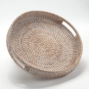 round rattan serving tray decorative woven ottoman trays with handles for coffee table white (small 11.8 inch x 2.4 inch)