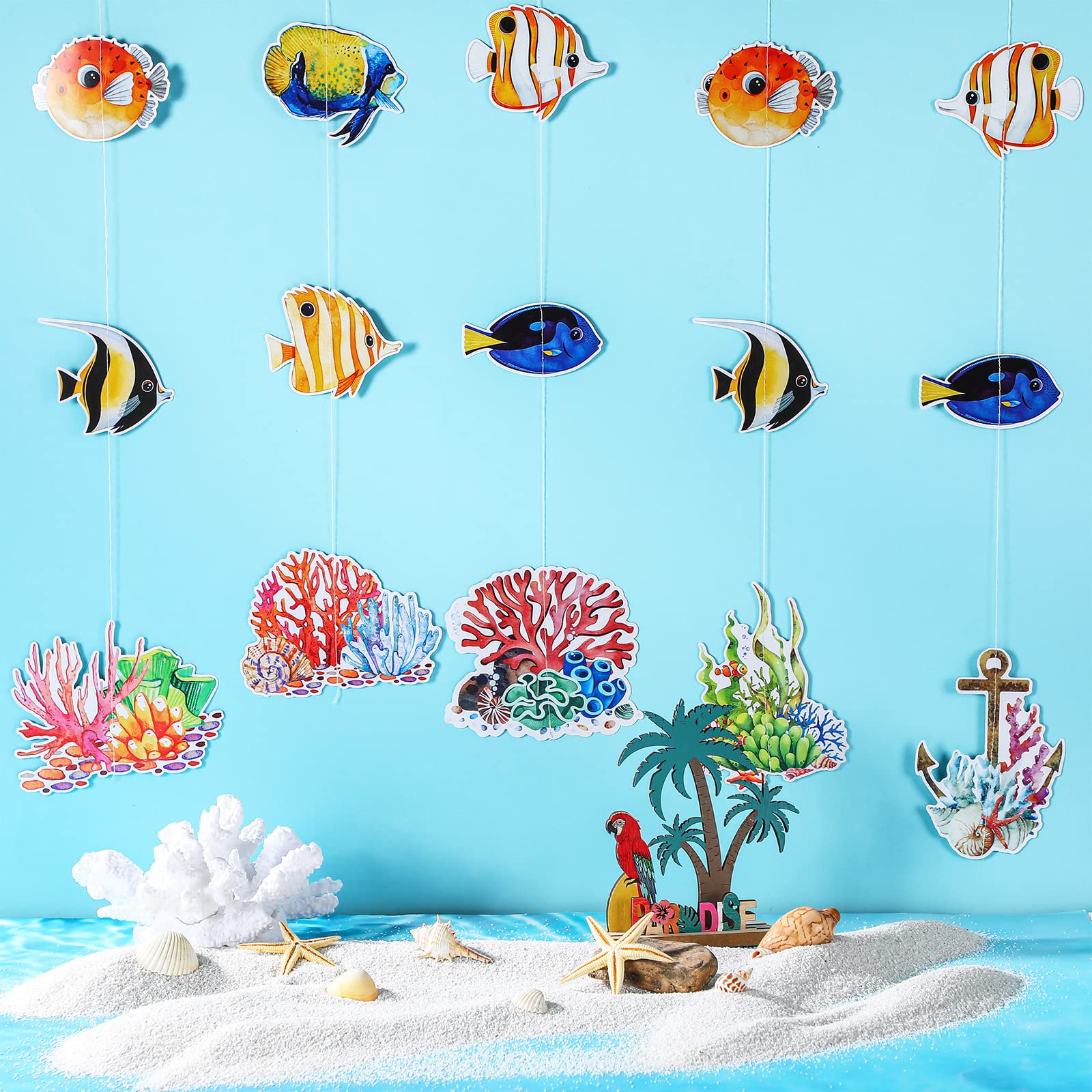 Hotop 9 Pcs Tropical Fish Party Banners Under The Sea Party Supplies Ocean Garland Kit Fish Ceiling Hanging Swirl Hawaiian Luau Decor Tropical Fish Paper Cutouts for Birthday Party Favor Supplies