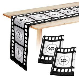 movie night table runner, 12 x 72 inch black and white printed filmstrip table runner movie reel decor movie theme tablecloth decorations for kitchen film party (classic style, 3 pcs)