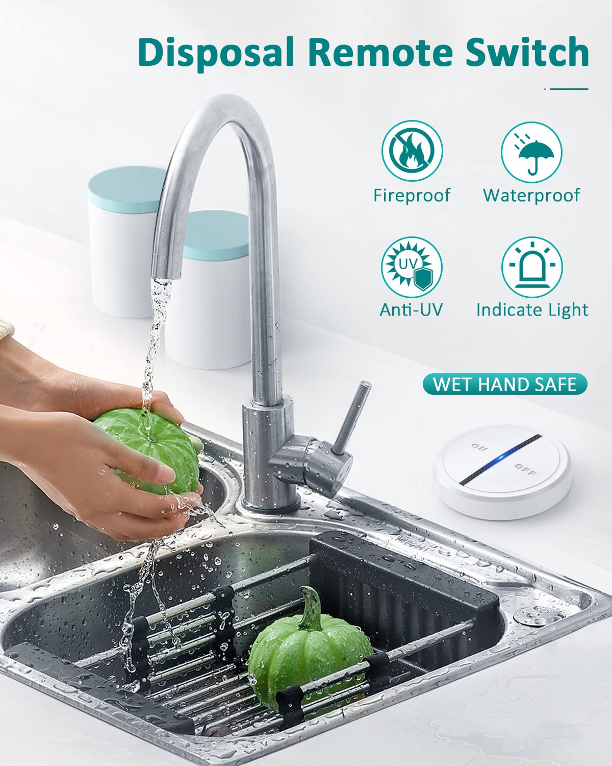 HAPYTHDA Garbage Disposal Wireless Switch Kit, Remote Control Outlet, No Drilling On Sink Top, Wireless Switch Button Kit for Waste Disposal, 15A/1500W with 4000V Anti-Surge, 500 Feet RF Range