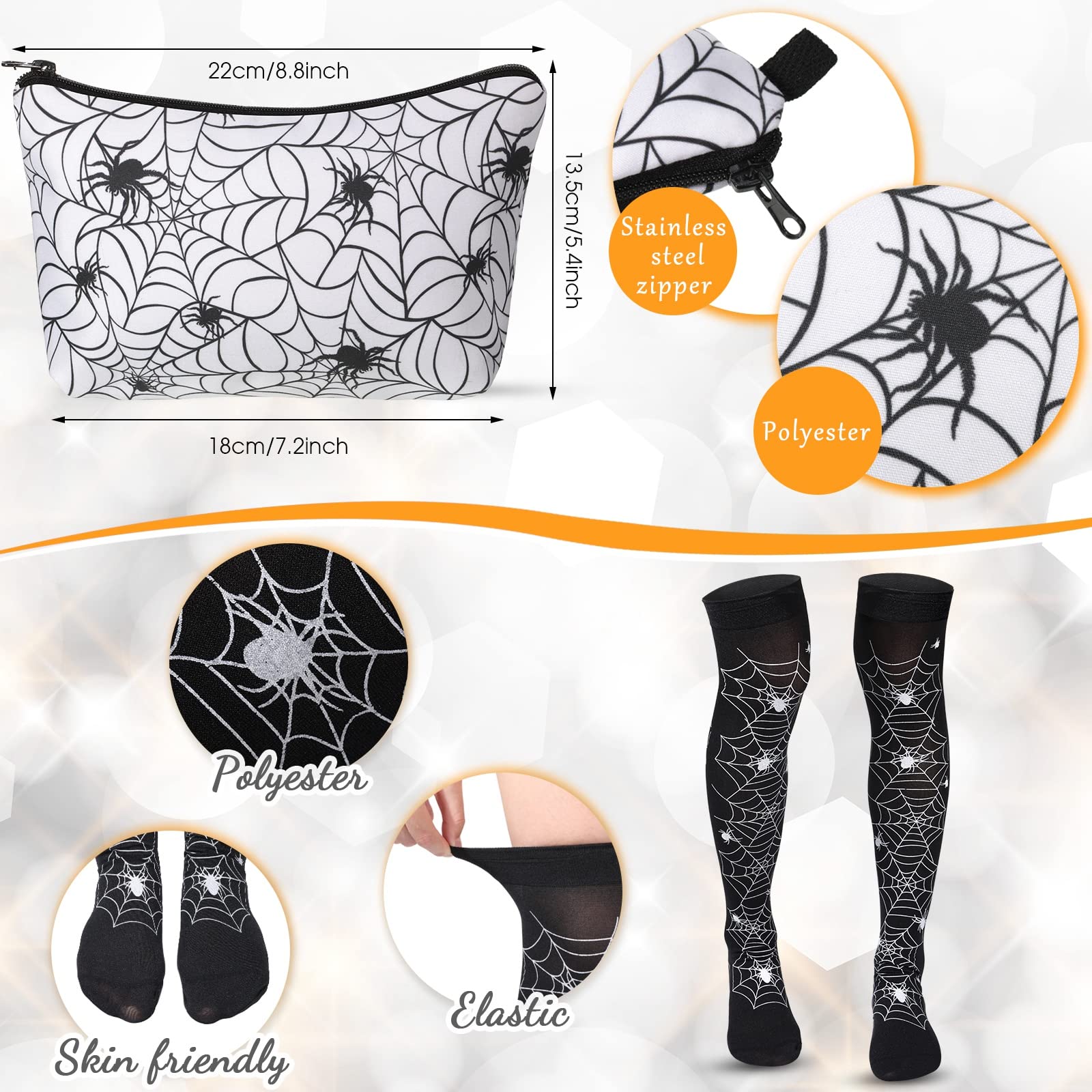 Geiserailie Halloween Funny Gifts Set Halloween Insulated Tumbler with Lid and Straw Halloween Makeup Bags and Spider Thigh High Stockings for Halloween Party Women Friends