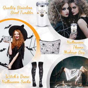 Geiserailie Halloween Funny Gifts Set Halloween Insulated Tumbler with Lid and Straw Halloween Makeup Bags and Spider Thigh High Stockings for Halloween Party Women Friends