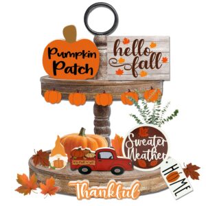12 pieces fall tiered tray decor fall wooden signs decor set include pumpkin gnome truck wood sign letter sign table centerpieces for thanksgiving autumn harvest home table tiered tray decor