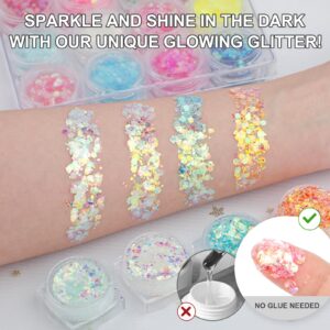 Glow in The Dark Body Glitter Gel, 12 Colors & Shapes Glitter Gel Makeup, UV Body Glitter for Women, Glow in The Dark Face Glitter Makeup Gel, Chunky Glitter Makeup for Party Rave Festival Accessories