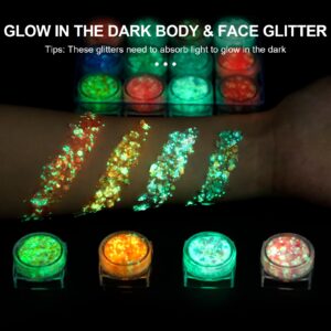 Glow in The Dark Body Glitter Gel, 12 Colors & Shapes Glitter Gel Makeup, UV Body Glitter for Women, Glow in The Dark Face Glitter Makeup Gel, Chunky Glitter Makeup for Party Rave Festival Accessories