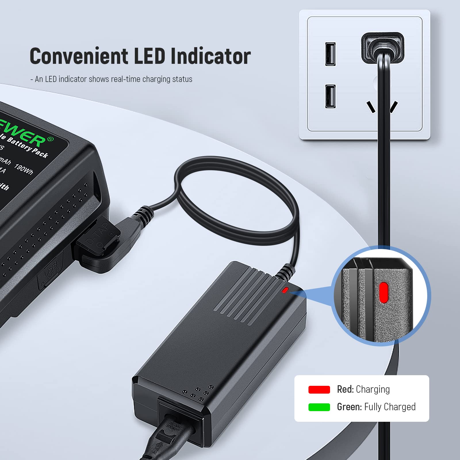 NEEWER D-Tap Battery Charger with 3.3feet/1m D-Tap Cable for V-Mount/V-Lock/Gold Mount Battery, Compatible with NEEWER BP-95W BP-190WS BP-150WS BP-V47 BP-V95 Sony BP-U65 BP-U68 etc.[Output: 16.8V 2A]