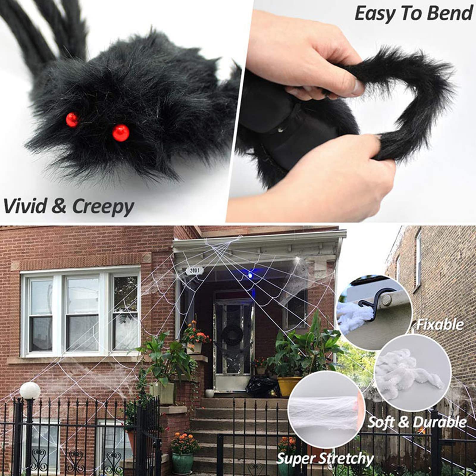 GEDIAO Halloween Spider Decorations 200" Halloween Spider Web + 50" Giant Spider + 40pcs Small Spider for Indoor Outdoor Halloween Decor Yard Party Haunted House Décor